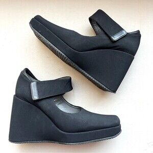 Stephane Kelian Paris Black Fabric Wedge Heels Pumps w/ Ankle Strap Women’s 6